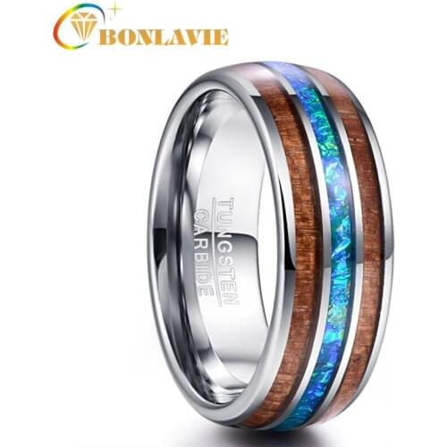 BONLAVIE 8mm Inlaid Acacia Wood Imitation Opal Dome Polished Tungsten Steel Ring Engagement Ring Gifts for Men Dropshipping