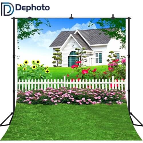 Dephoto Spring Green Grassland Flower Photography Background Fence Floral Garden Baby Portrait Party Photobooth Studio Props