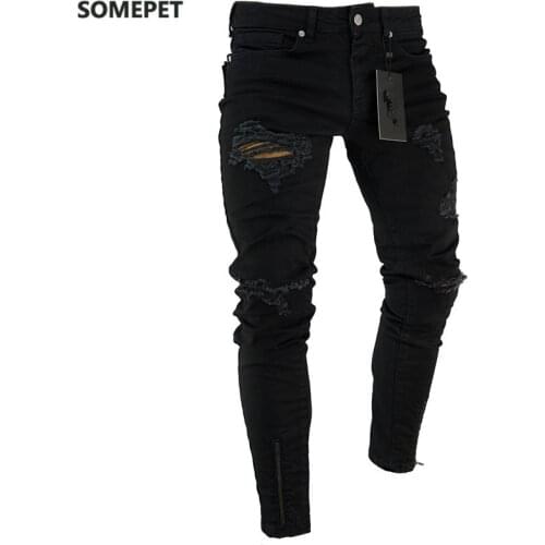 Black Stretch Skinny Fit Bottom zipper Jeans Men Knee Ripped Distressed Hole biker jeans Pants Hip Hop Street Big Size XXXL