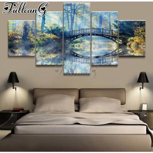 FULLCANG Forest arch bridge diy 5 piece diamond painting river full square round drill mosaic embroidery kit home decor FC2392