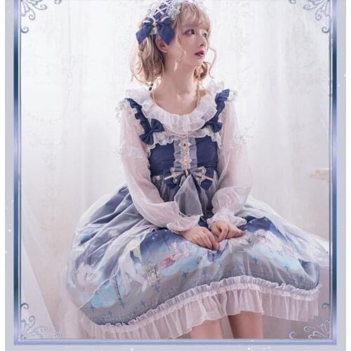 Kawaii girl gothic lolita jsk loli cos Japanese sweet lolita dress vintage lace bowknot cute printing high waist victorian dress