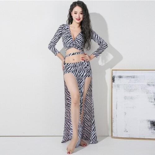 Belly Dance Suit Zebra Pattern Top Long Sleeve Split Skirt Practice Clothes Female Elegant Performance Clothing Set