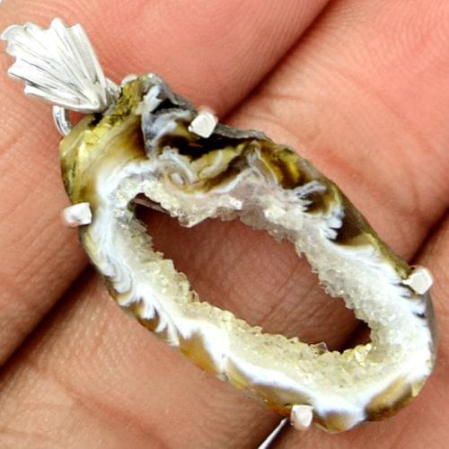 Hand make Genuine Geode Druzy Pendant 100% 925 Sterling Silver 42mm 6.2g KP0359