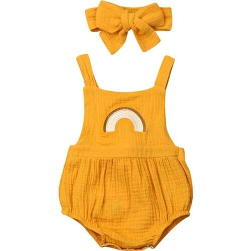 Cute Baby Girls Summer Bodysuit Embroidery Rainbow Print Backless Sleeveless Bandage Strap Jumpsuit with Bow Headband
