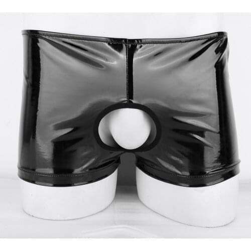 Men Sexy Lingerie Boxer Shorts Porno Latex Shiny Faux Leather Open Butt Penis Hole Low Waist Gay Erotic Hot Short Pants Bottoms