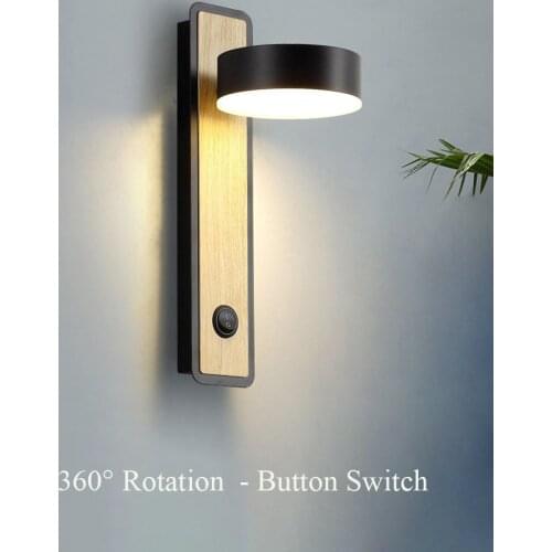 Nordic Adjustable Led Wall Lamp with Switch 360° Rotation Imitation Wood Grain Iron Wall Light for Bedroom Study Black White