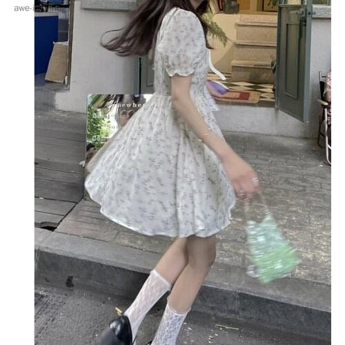 2021 Summer New Sweet First Love Princess Dress Floral Jumpsuit Fresh and Gentle Puff Sleeve Chiffon Skirt Cute Self-cultivation