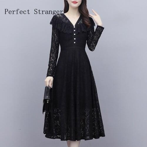 2021 Autumn Winter New Arrival High Quality Retro Korean V Collar Collect Waist Women Long Lace Dress M-4XL