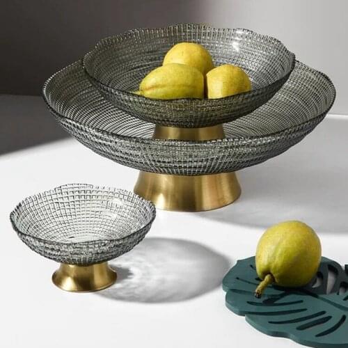 Modern Home Decoration Fruit Bowl Glass Fruit Plate Metal Bottom Snack Dessert Plate Living Room Home Coffee Table Desktop