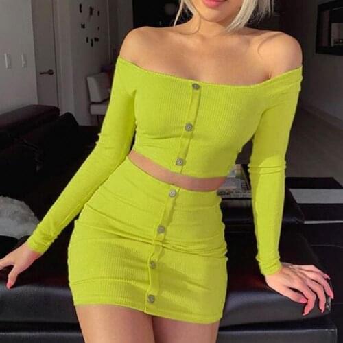 2Pcs Sexy Women Solid Color Button Long Sleeve Off Shoulder Crop Top Skirt Outfit Cotton Blend Casual Soft Womens Outfit
