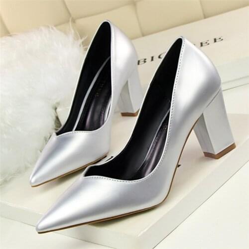 Women pumps comfortable thick with high heel 8CM leather temperament shallow mouth pointed hollow out single woman shoes