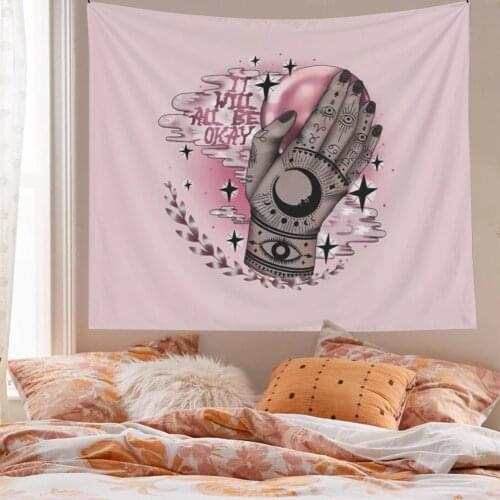 Vintage Tarot Card Pink Tapestry Ouija It Will All Be OK Dorm Room Decoration Pink Boho Home Decor Psychedelic Sun Moon Wall