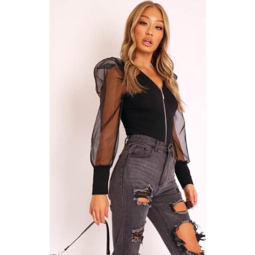 Woman Mesh Puff Sleeve Zipper Cardigan Bodysuit 2021 Spring Autumn Elegant Body Tops Female Solid Slim Deep V Jumpsuit S-L