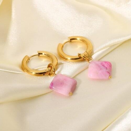 Minar Sweet Pink Gradient Color Square Natural Stone Pendant Earrings for Women Girls Alloy Hoop Earrings Lovely Accessories