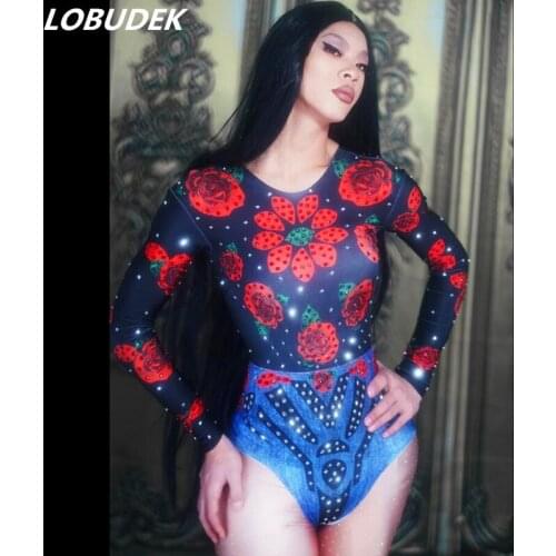 Occident Nightclub Women Singer Stage Wear Rose Flowers Printed Bodysuit Bar Party Show DJ DS Dance Costume Sexy Elastic Leotard