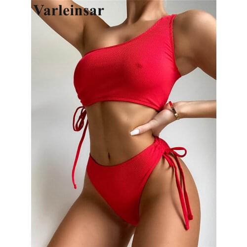 Ribbed Lace Up One Shoulder Female Swimsuit High Waist Bikini Women Swimwear Two-piece Bikini set Bather Bathing Suit Swim V3126