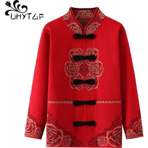 UHYTGF Women sweater Vintage single-breasted knitted cardigan women autumn winter sweater coat loose plus size sweater women 712