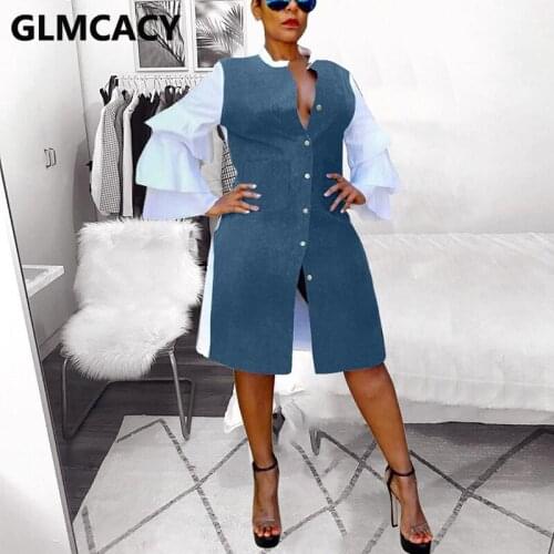 Women Flare Sleeve Button Up Shirt Dress Slim Patchwork Mini Dress