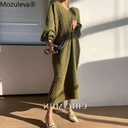 Mozuleva Stylish V-neck Thick Loose Knitted Dress 2021 Autumn Winter Women Full Sleeve high Waist Female Sweater Vestidos