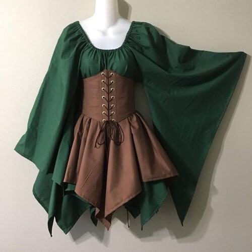 Renaissance Vintage Halloween Party Women Medieval Cosplay Fashion Retro Long Sleeve Corset Dress Female Patchwork Belt Costume