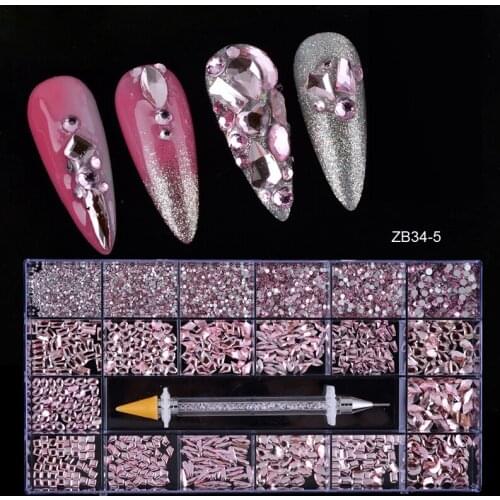 21 Shape / SS4-SS16 Nail Art Rhinestone (PINK) NEW LARGE BOX & WAX PEN- FLAT-BACK PINK Multi Shapes Glass Crystal Rhinestone