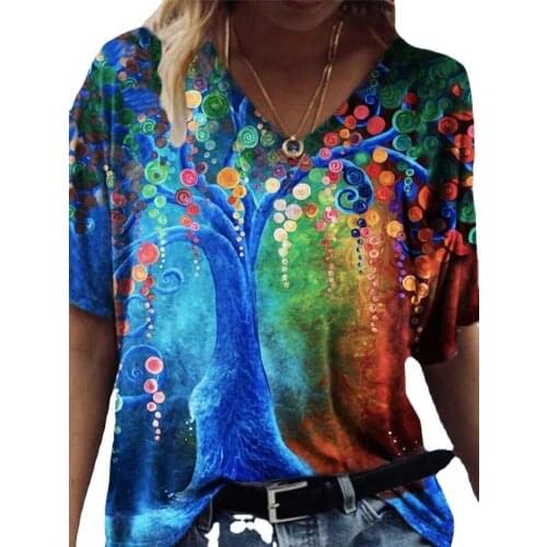 3D Floral Print Women T Shirt Boho Short Sleeve V-Neck Tops Casual Plus Size Loose Lady Tee 2021 New Summer Clothes