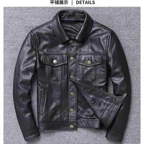 Free shipping.Brand quality fashion black slim leather jacket.Outlet Classic casual men cowhide coat.wholesales.leather cloth