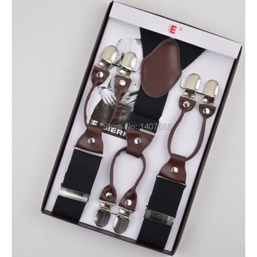 Free shipping Quality mens/women suspenders 3.5cm Width Adjustable Six Clip-on Black For Taller Fattest With Gift Box 115cm