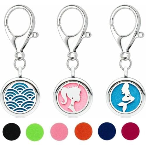 Princess Mermaid Zen Key Chain Essential Oil Perfume Diffuser 25mm Magnetic Locket with Lobster Clasp Key Ring 5pcs Pads Free