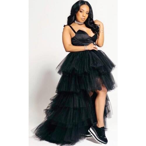 Black High Low Tiered Tutu Skirt Long Tulle Skirt High Waist Jupe mujer faldas Tiered Yonog Girls Birthday Photo Shoot Skirt