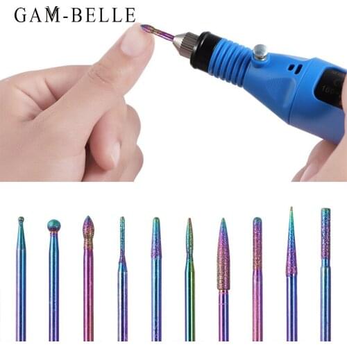 GAM-BELLE 10Pcs/Set High Quality Rainbow Rotary Nail Drill Bit Kit Stainless Milling Cutter Diamond Nails Art Manicure Tool