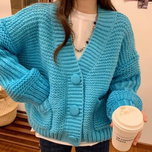 Elegant Solid Blue Cardigan Sweater Female Chic Vintage Korean Autumn Winter 2021 New Woman Fashion Knitted Cardigan Coat Ladies