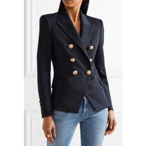 AAA CLASS !!! Navy Blue Double Breasted Gold Buttoned Blazer Long Sleeved High quality Woman Suit Coat 2019 New