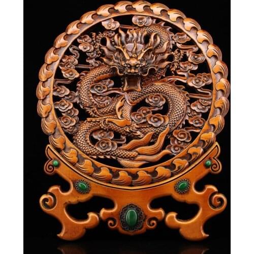 Collection of antique crafts boxwood carving antique inlaid gemstone single dragon screen