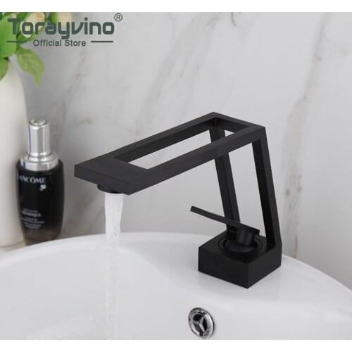 Torayvino Matte Black Hollow Design Bathroom Faucet Basin Sink Single Handle Deck Mounted Faucet Washbasin Mixer Water Tap