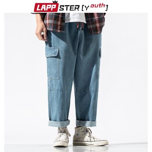 LAPPSTER-Youth Men Baggy Blue Jeans Joggers 2021 Mens Pockets Vintage Korean Harem Pants Male Hip Hop Wide Leg Balck Denim Pants