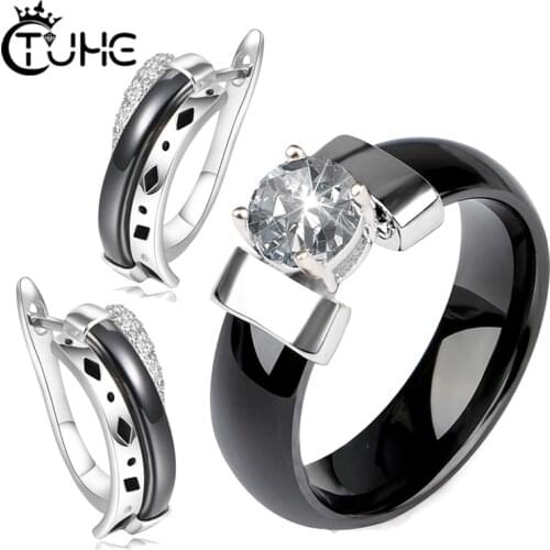Bling Rhinestone Ceramic Jewelry Sets For Women 6mm Ring Stud Earring Set Ceramic Material Crystal Female Jewelry Sets Gift