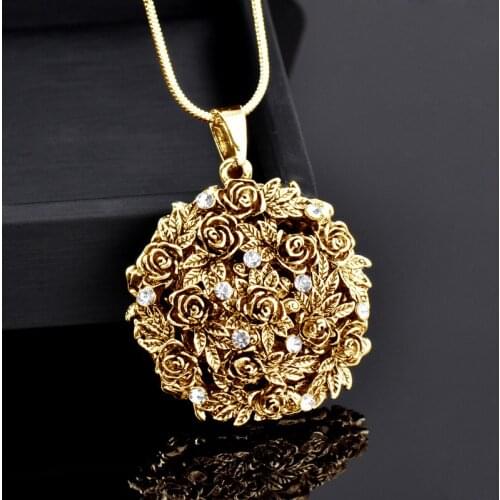 KIOOZOL Gothic Style Gold Black Gun Silver Color Rose Flower Pendant Long Necklace For Women Statement Jewelry Gifts 100 KO4