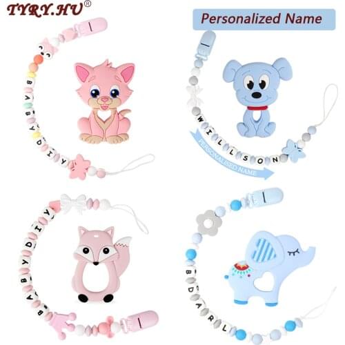 TYRY.HU Personalized Pacifier Clip with Name BPA Free Binky Holder Chains With Puppy Fox Baby Teether For Baby Shower Gifts
