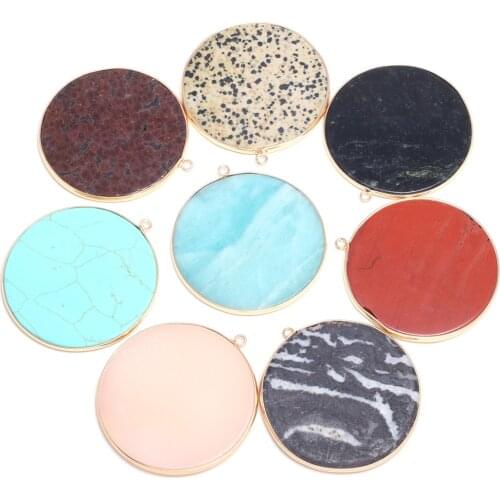 Natural Stone Round Pendant Rose Quartzs Picture Stones Pendant Charms For Jewelry DIY Making Necklace Bracelets Gift 50x55mm