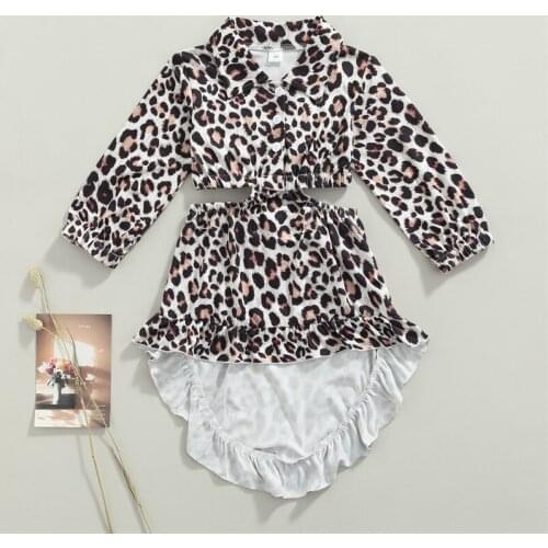 Girls Casual Dresses Fashion Leopard Print Turn-Down Collar Long Sleeve Hollow Out Ruffles Dress for Kids Girls Brown 1-6 Years