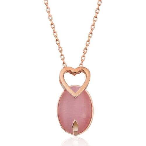 Tevuli 925 Sterling Silver Pink Cat 'S Eye Stone Heart Necklace