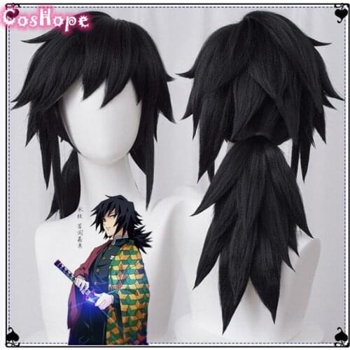 Tomioka Giyuu Cosplay Demon Slayer Cosplay Kimetsu No Yaiba Cosplay Black Wig Anime Cosplay Wig Heat Resistant Synthetic Wigs