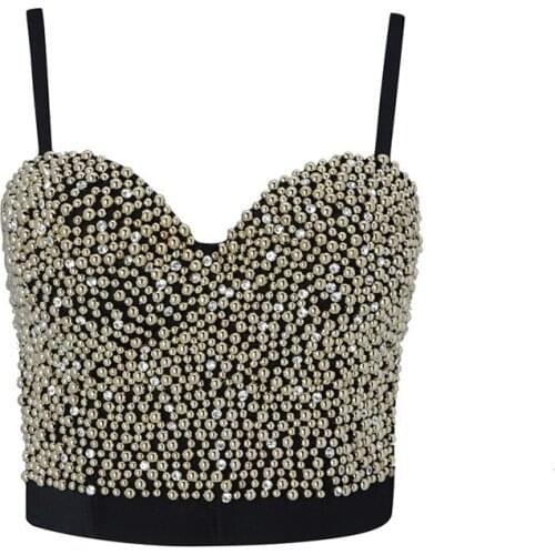 High Quality Black Strap Beading Womens Tops Celebrity Prom Party Camis & Tops