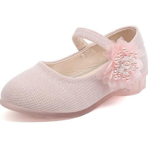 Kids Casual Shoes High-heel Dance Shoes Sweet Girls Fashion Pearl Flower Children Princess Shoes Hot for Party Wedding Flats New