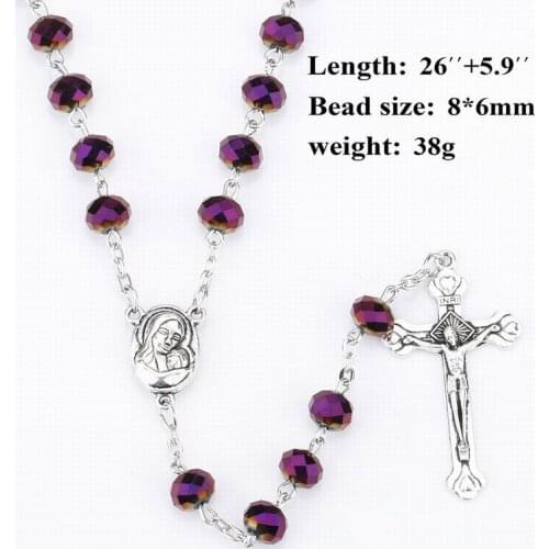 Vintage Religious Purple Bead Crystal Glass Cross Rosary Pendant Unisex Catholicism Prayer Jesus Maria Necklace
