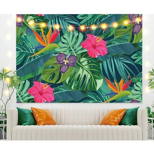 Green Leaves with Pink Flower Pink Tapestry Vintage Exotic Summer Plant Nature Frame for Bedroom Photography Wall Decor
