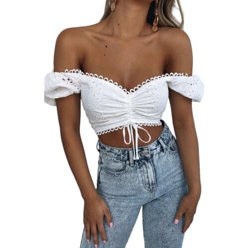 2021 Summer White Tube Crops Tee Girls Women Fashion Sexy Short Puff Sleeve Expose Navel Drawstring Pleated Clothes Streetwear