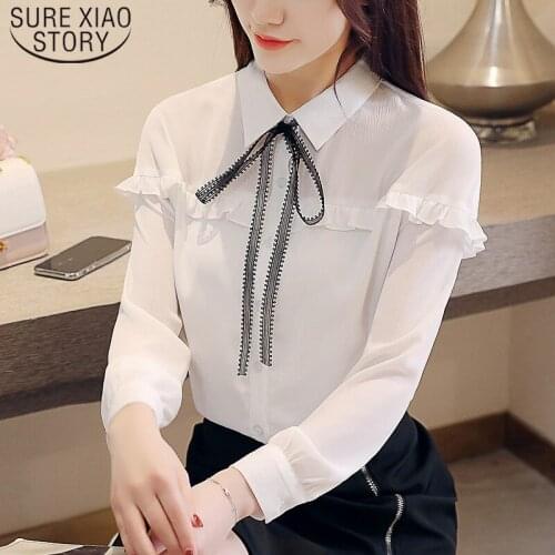 New White Solid Shirt Women Fall Bow Temperament Ladies Tops Korean Loose Tie Chiffon Regular Womens Tops and Blouses 5707 50