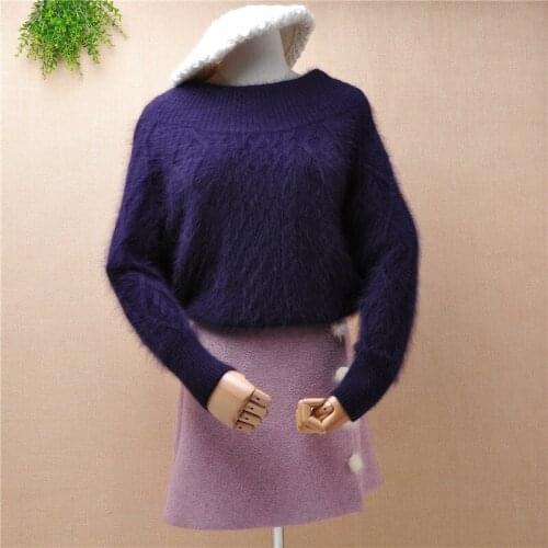 Lady women fashion hairy fuzzy short mink cashmere slash neck long sleeve crop top angora rabbit fur winter jumper sweater pull